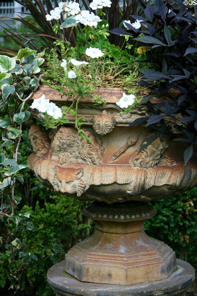 Carved urn in garden at Oatlands. Leesburg, VA.