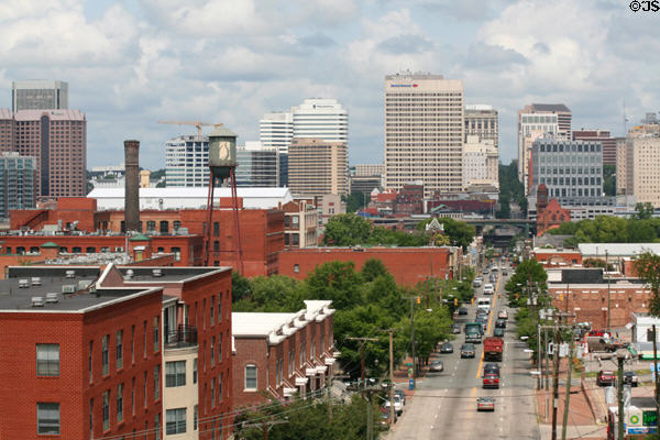 Skyline of Richmond from Confederate soldier statue. Richmond, VA.