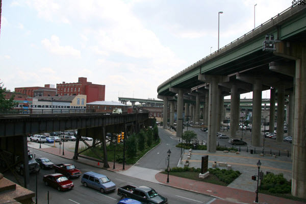 View from Main Street Station sandwiched between elevated rail lines & Interstate 95. Richmond, VA.