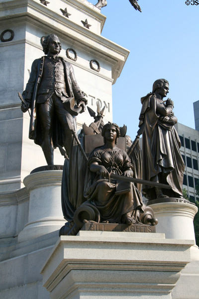 Sculpted woman symbolizing Bill of Rights before Mason & Jefferson on Washington monument at Virginia State Capitol. Richmond, VA.