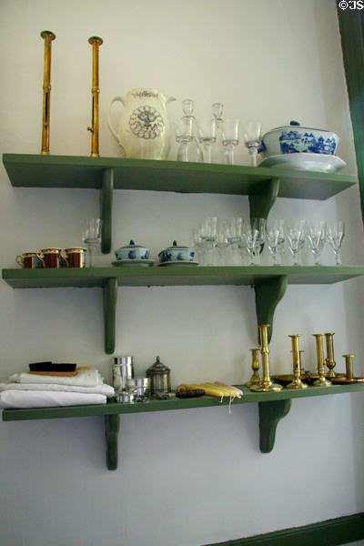 Serving dishes, glassware & candlesticks in pantry of John Marshall House. Richmond, VA.