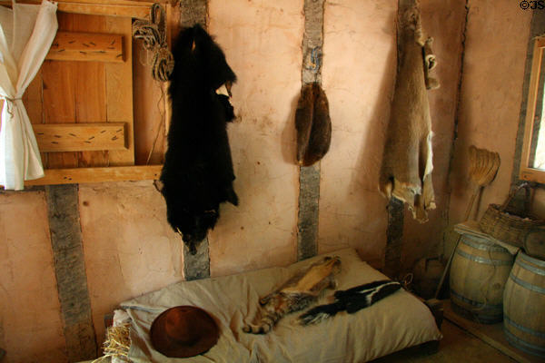 Bed & trapped furs in settlers' house at Henricus. VA.