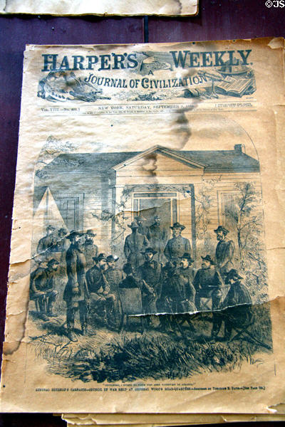 Harper's weekly (Sept. 3, 1864) giving Civil War news in U.S. Grant's HQ cabin at Hopewell. Hopewell, VA.