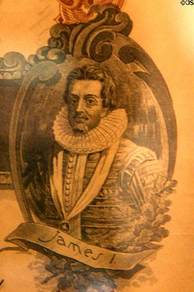 Detail of King James I on stock certificate for Jamestown Exposition of 1907 in Jamestown National Park Museum. Jamestown, VA.