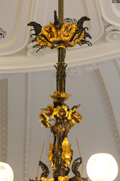 Senate chandelier detail of seahorses & Neptune at Vermont State House. Montpelier, VT.