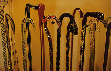 Collection of glass walking sticks at Shelburne Museum. VT.