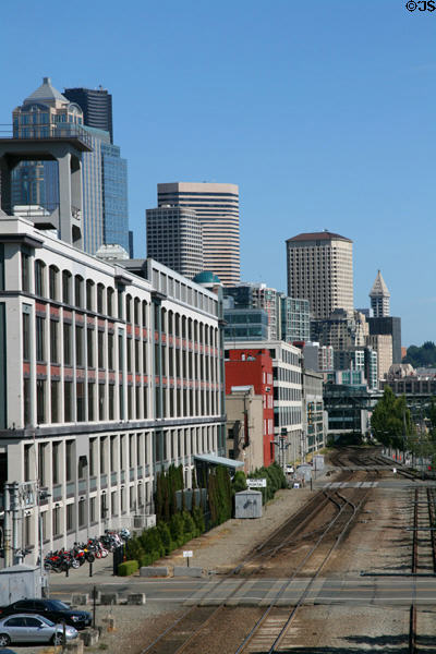 View from Olympic Sculpture Park to downtown Seattle along rail lands which Park now occupies. Seattle, WA.
