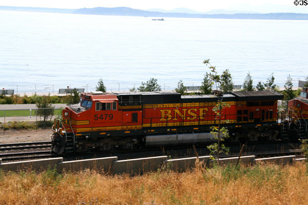 BNSF locomotive runs through Olympic Sculpture Park. Seattle, WA.