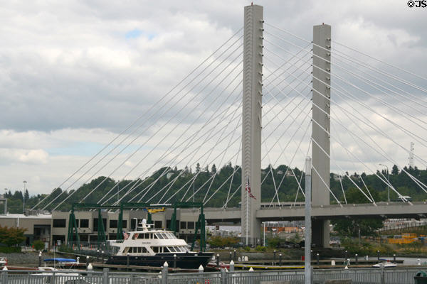 Cable suspended highway 509 freeway bridge (1987) over Thea Foss Waterway. Tacoma, WA.