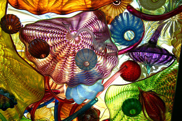 Blown glass forms by Dale Chihuly in ceiling of Seaform Pavilion bridge. Tacoma, WA.