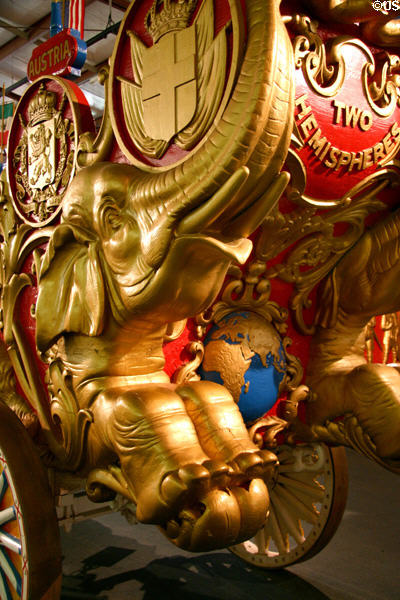 Carved elephant on Eastern Hemisphere circus wagon at Circus World Museum. Baraboo, WI.