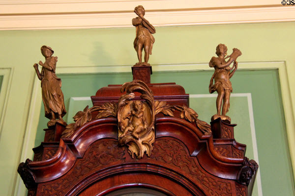 Detail of carved finials atop tall case clock in drawing room at West Virginia Governor's Mansion. Charleston, WV.