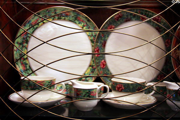 Dinner service with floral design rim in back hall breakfront at West Virginia Governor's Mansion. Charleston, WV.