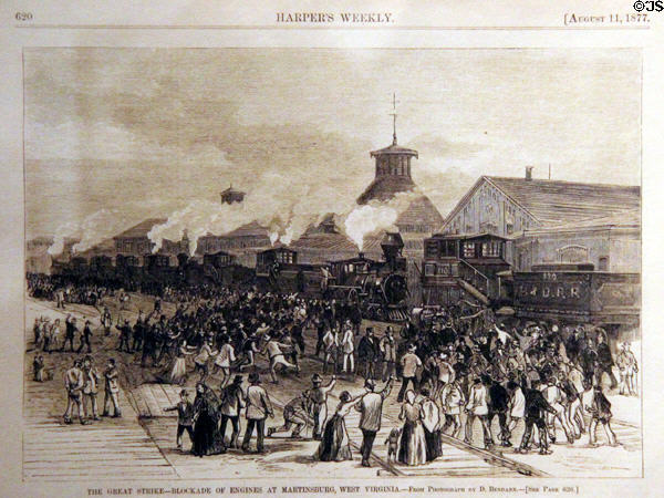 Harper's Weekly graphic (Aug 1877) of The Great Strike-Blockade of Engines at Martinsburg VA at West Virginia State Museum. Charleston, WV.