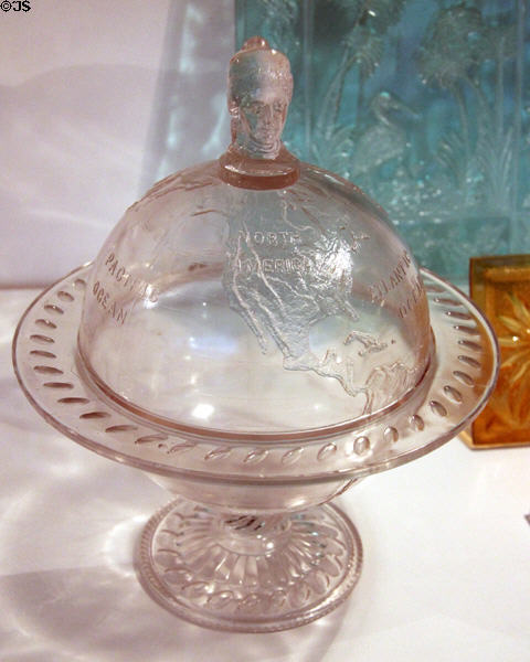 Terrestrial Globe pattern covered compote (1886) by O'Hara Glass Co., Pittsburgh, PA in glass gallery at Huntington Museum of Art. Huntington, WV.