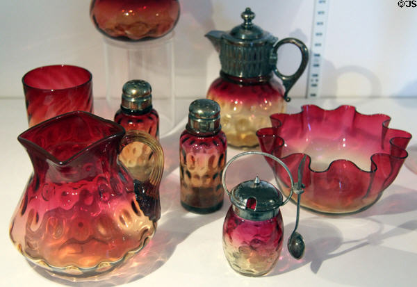 Group of Amberina glass dishes (1880's) by Mount Washington Glass Co., New Bedford, MA & New England Glass Co., Cambridge, MA at Huntington Museum of Art. Huntington, WV.