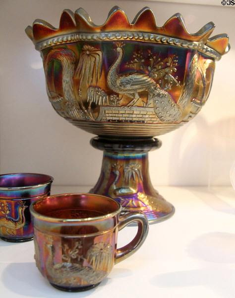 Glass Punch Bowl & Two Cups (c1908-15) by H. Northwood & Co., Wheeling, WV at Huntington Museum of Art. Huntington, WV.