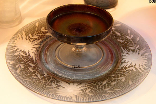 Pressed "stretch" glass Cheese & Cracker Set (c1925-9) by Imperial Glass Co., Bellaire OH at Huntington Museum of Art. Huntington, WV.