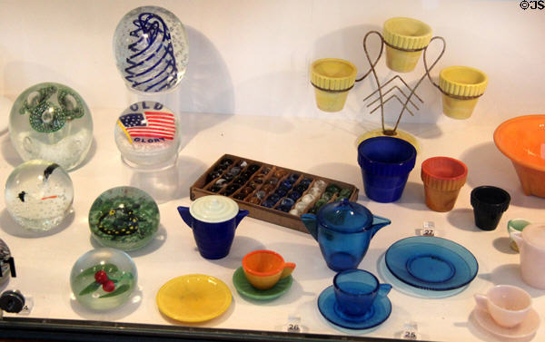 Group of paper weights & other small glass objects (c1920-30) by Huntington Tumbler Co., Huntington, WV at Huntington Museum of Art. Huntington, WV.