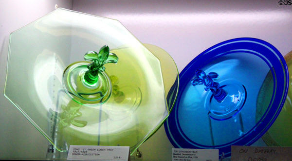 Green (c1927-9) & blue (1926) Fostoria glass luncheon trays with fleur-de-lys handles at Fostoria Glass Museum. Moundsville, WV.