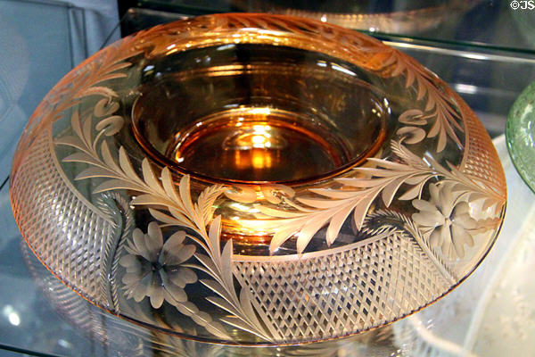 Centerpiece cut with flowers, leaves & diamonds at Fostoria Glass Museum. Moundsville, WV.