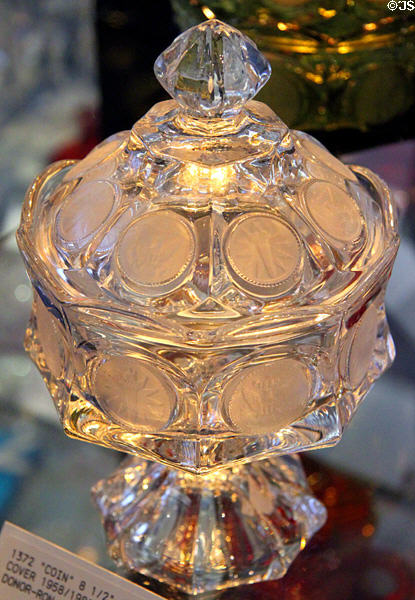 Coin glass candy jar (1958-81) at Fostoria Glass Museum. Moundsville, WV.