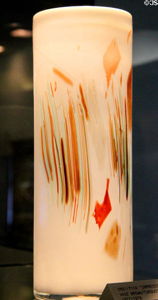 Impressions opal glass vase with brown & turquoise splashes (1977-8) at Fostoria Glass Museum. Moundsville, WV.