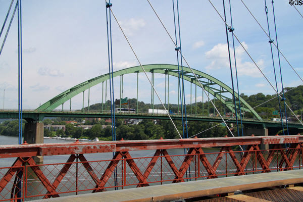 Interstate 70 bridge over Ohio River seen from Wheeling Suspension Bridge. Wheeling, WV.