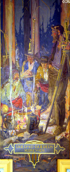 Mural of Railroad Builders Surveyors (1917) by Allen Tupper True in Senate of Wyoming State Capitol. Cheyenne, WY.