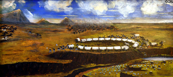 Army circling its wagon train under Indian attack painting in Legislative Conference Room of Wyoming State Capitol. Cheyenne, WY.