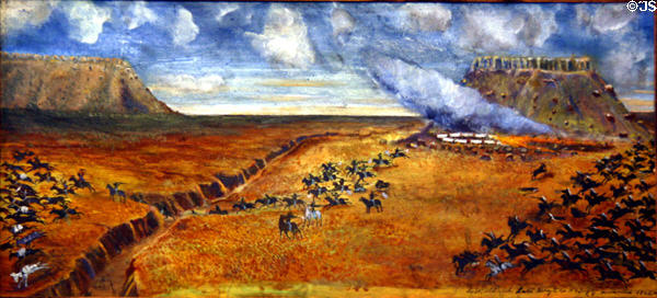 Cavalry & Indians battle at Bonepile Creek in painting in Legislative Conference Room of Wyoming State Capitol. Cheyenne, WY.