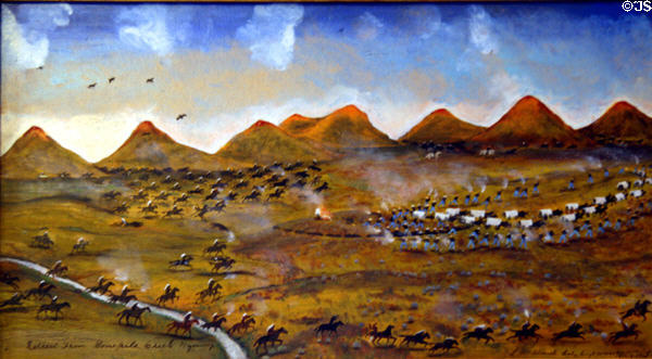 Retreat from Bonepile Creek in painting in Legislative Conference Room of Wyoming State Capitol. Cheyenne, WY.