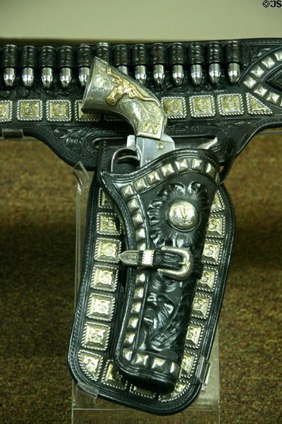 Gun & holster decorated with silver & gold by Edward H. Bohlin at Nelson Museum of the West. Cheyenne, WY.