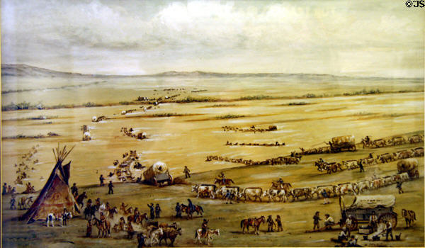 Crossing the South Platte River (1860s) by W.H. Jackson at Scotts Bluff National Monument. WY.