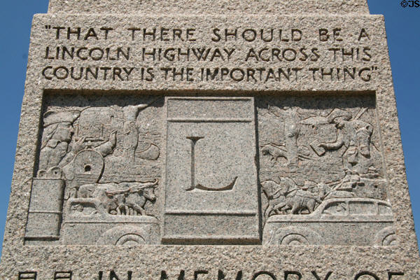 Detail of Lincoln Highway monument sculpted with scenes of American transport history. WY.