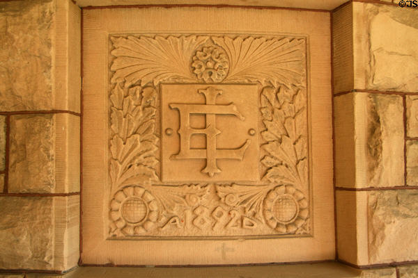 Edward Ivinson Home entrance stone carving with EI initials. Laramie, WY.
