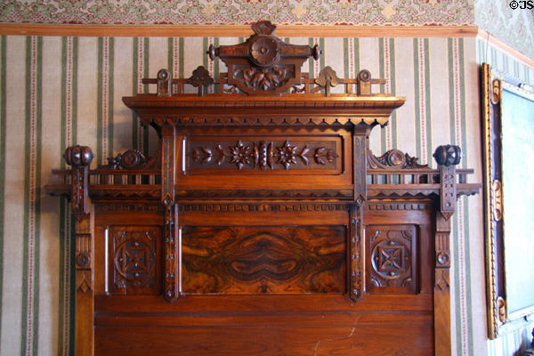 Carved headboard at Laramie Plains Museum. Laramie, WY.