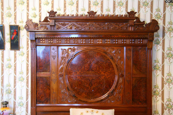 Carved headboard at Laramie Plains Museum. Laramie, WY.