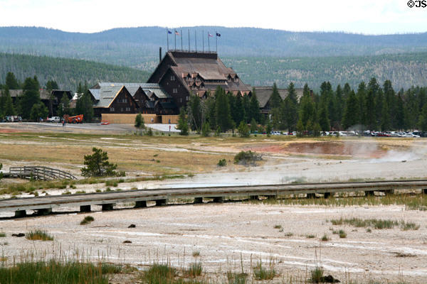 Old Faithful Inn over geyser fields at Yellowstone National Park. WY.