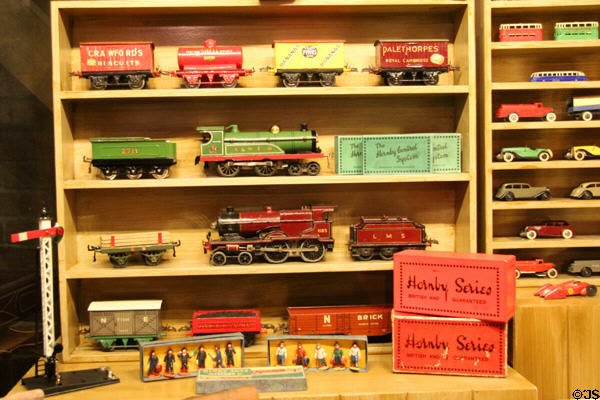 Collection of toy rail locomotives & cars at Museum of Liverpool. Liverpool, England.