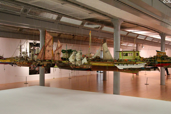 Hanging ship models at Tate Liverpool. Liverpool, England.