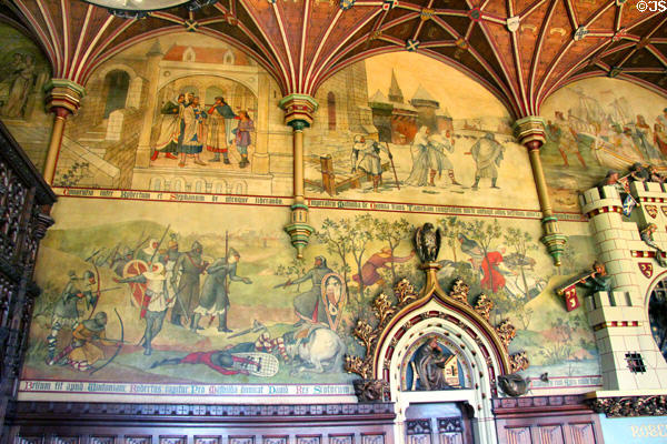 Scenes of Anarchy (12thC) conflict in which Matilda, Robert's half-sister & her cousin Stephen both laid claim to the throne after Henry I died without heir in Banqueting Hall at Cardiff Castle. Cardiff, Wales.