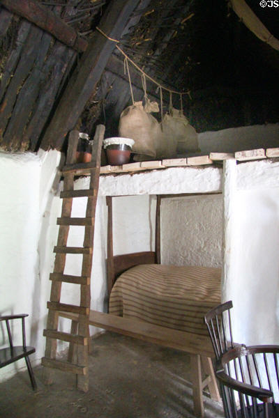 Rough ladder leading to under ceiling storage area in Nantwallter Cottage at St. Fagans National Museum of History. Cardiff, Wales.