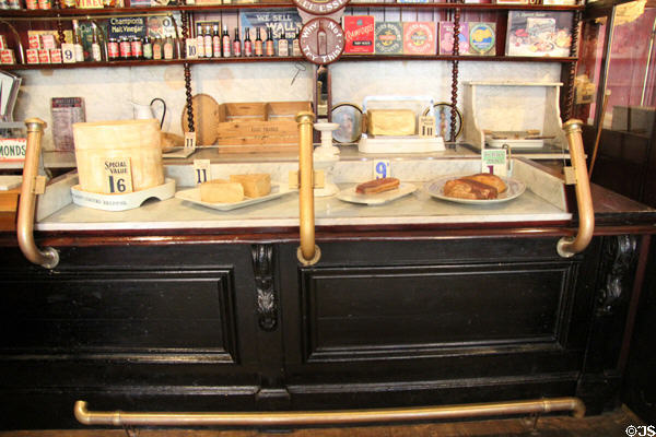 Meats & cheeses on marble counter at Gwalia Supply Co. at St Fagans National Museum of History. Cardiff, Wales.