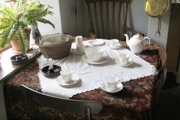 Rhydcar Terrace cottage dining table (c1925) at St Fagans National Museum of History. Cardiff, Wales.