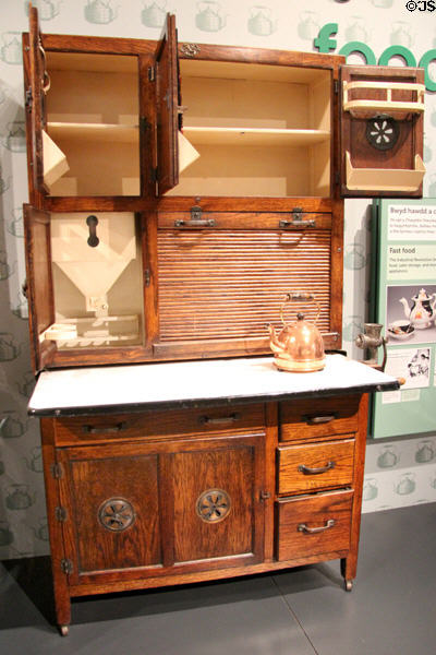 Food cupboard with flour sifter (1929), considered to be a "setting-up-home piece" for newly married couples, on display at St Fagans National Museum of History. Cardiff, Wales.