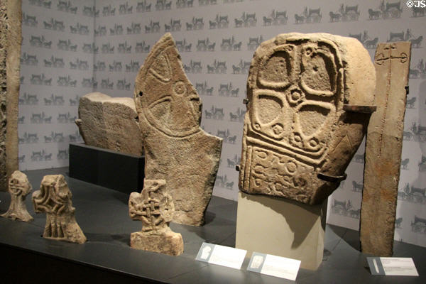 Carved stones (500-1250CE) which served as monuments to the dead in the early Christian era at St Fagans National Museum of History. Cardiff, Wales.