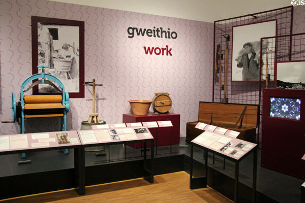Vintage work tools, including laundry ringer & knife polisher at St Fagans National Museum of History. Cardiff, Wales.