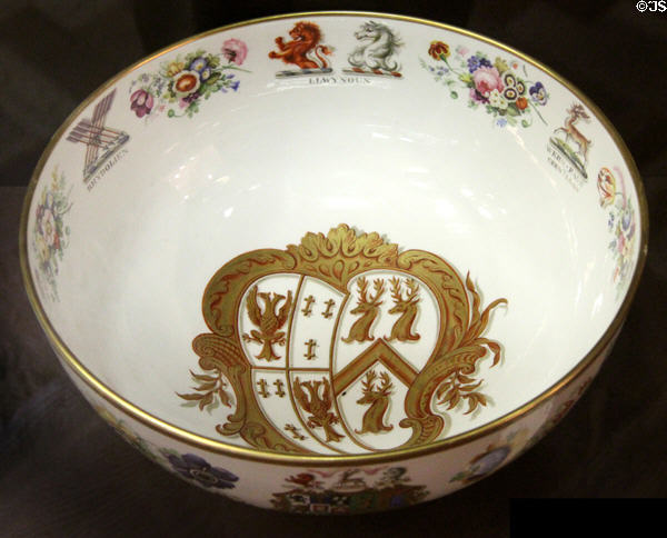 Bone china punch bowl (c1836) made in England for Lt. Gen. Sir Love Parry Jones-Parry of Caernarfonshire with Welsh themes & his coat-of-arms at National Museum of Wales. Cardiff, Wales.