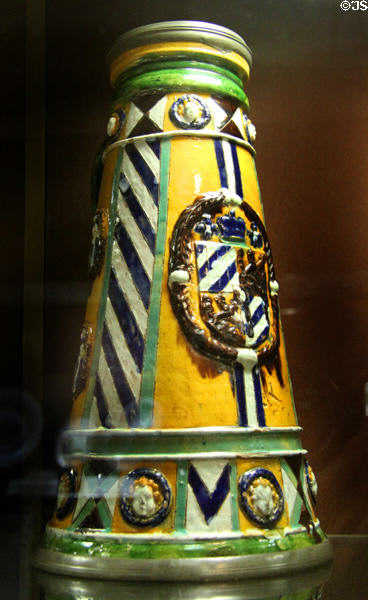 Earthenware & pewter jug (late 16thC) made in Nuremberg, Germany at National Museum of Wales. Cardiff, Wales.